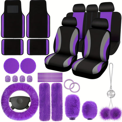 Car Seat Covers Full Set for Women Fluffy Steering Wheel Cover Seat Belt Pads Floor Mats AC Vent Strips Universal Fit Front Rear Seat Protector Interior Accessories Set Pink Purple Red Blue
