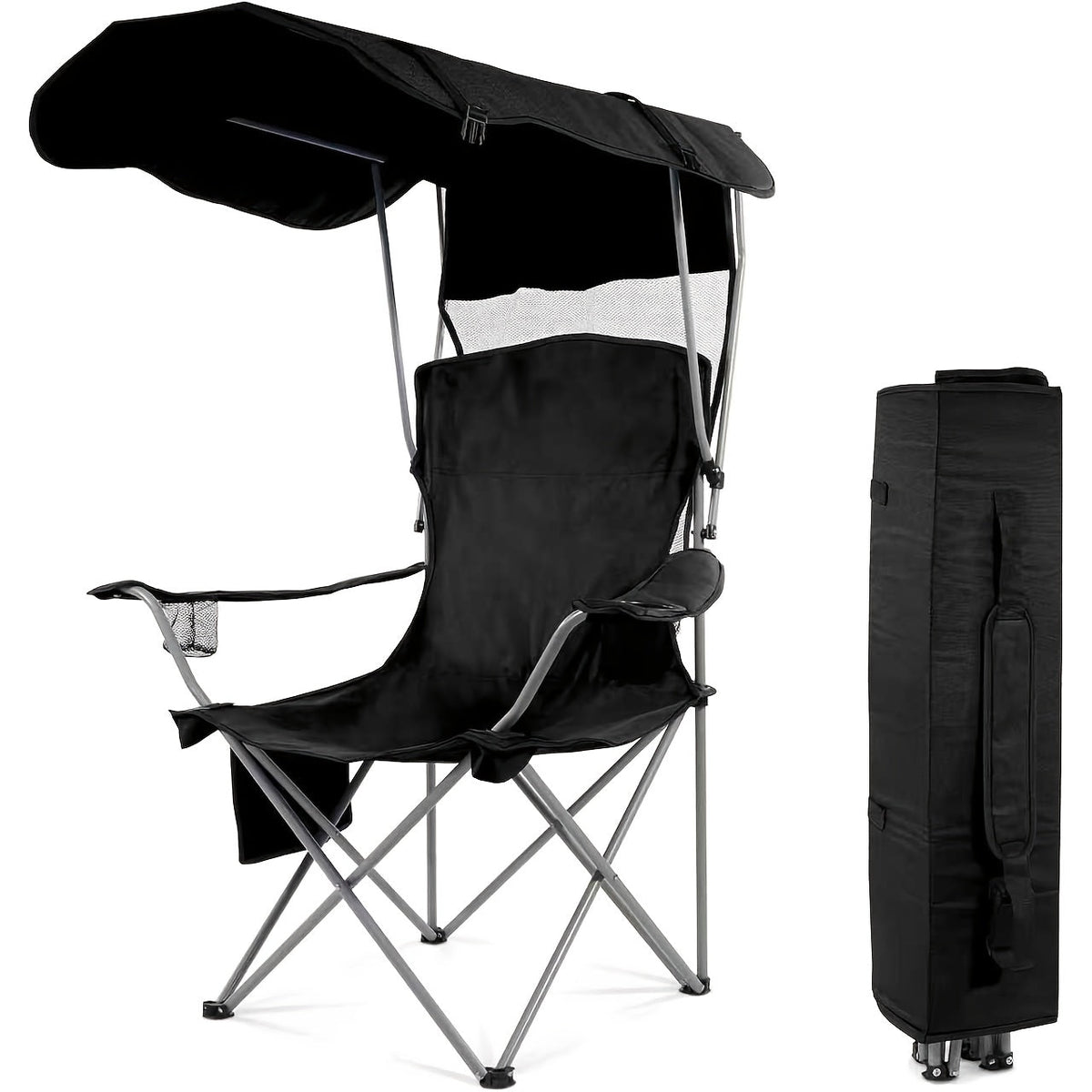 Folding Camping Chair with Optional Sunshade Canopy, Cup Holders, Carry Bag and Black, Red or Blue Configurations