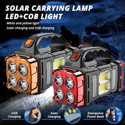 Flashlight Solar and USB-C Rechargeable 2-Pack with Four Front LEDs, Side COB Light and USB Output