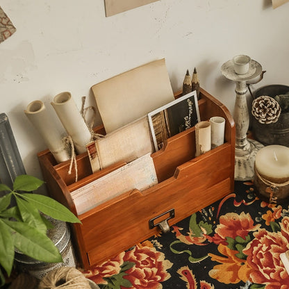 Wooden Desktop File and Letter Organizer with Tiered Compartments, Lower Drawer and 29.5 cm Wide Body
