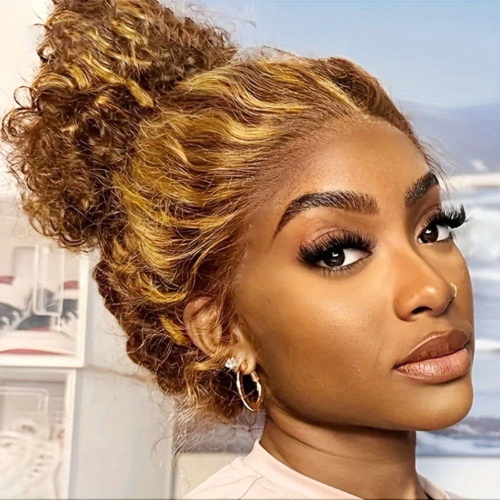 HD Lace Front Wig Honey Blonde Deep Wave 28 Inch – 200% Density P4/27 Ombre Highlight Long Curly Wavy, Pre Plucked Glueless Ready to Wear Synthetic Wig for Women, Party & Daily Use