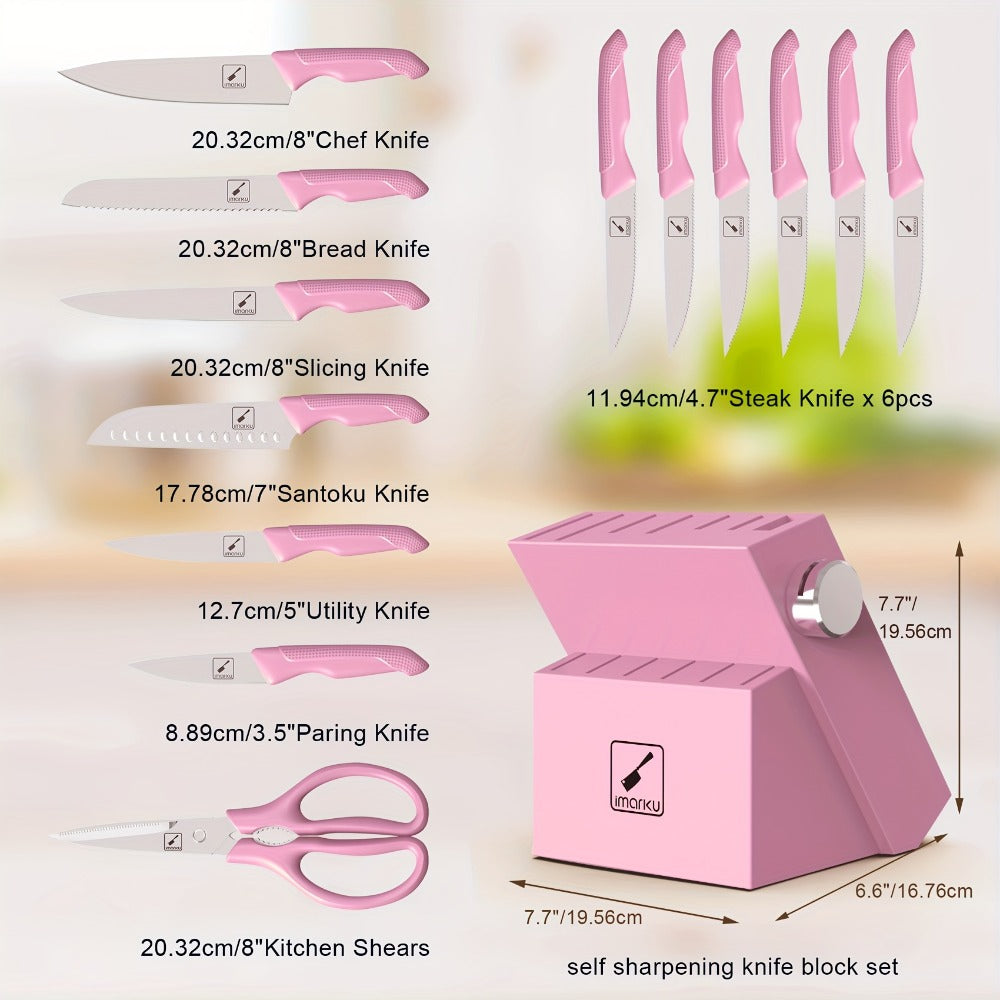 Kitchen Knife Set by imarku, 14-Piece Pink Stainless Steel Block with Six Steak Knives, Shears and Built-In Sharpener