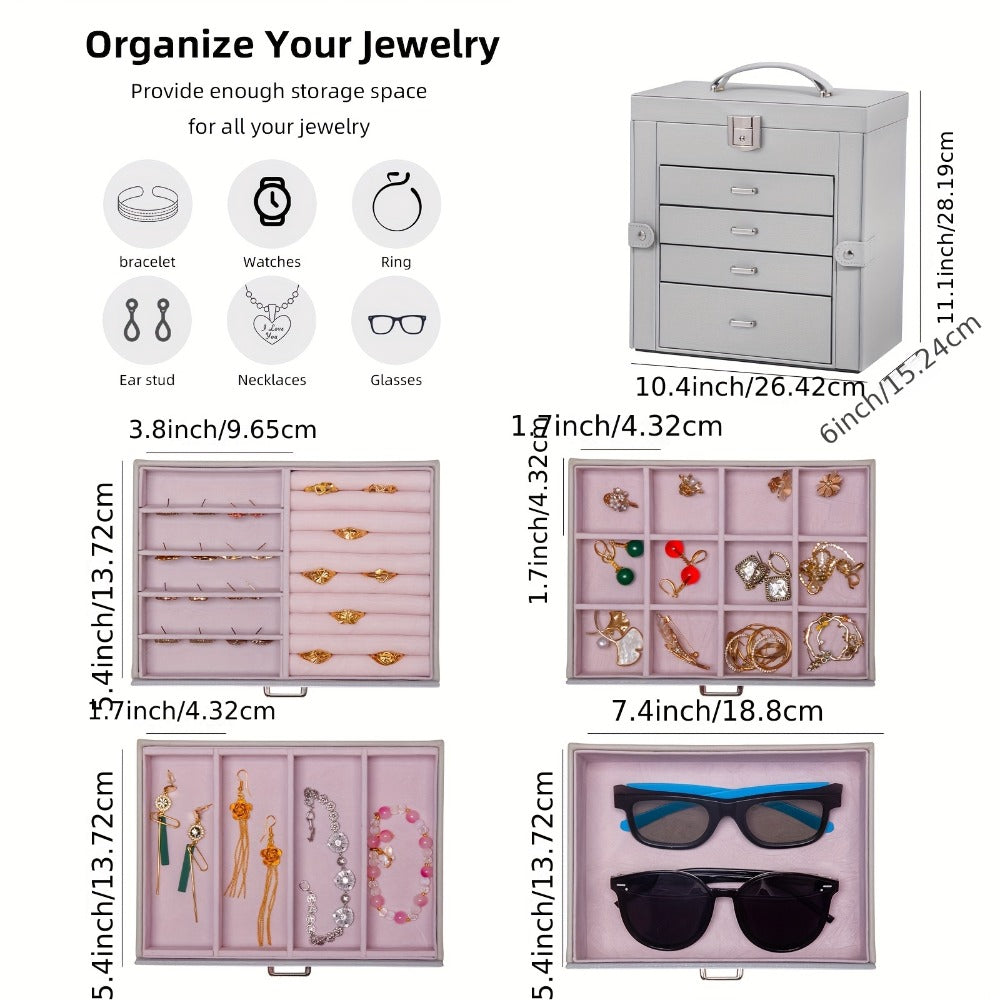 Large Jewelry Box 5-Tier PU Leather Organizer with Lock & Mirror – Storage Case for Bracelets, Earrings, Rings & Necklaces