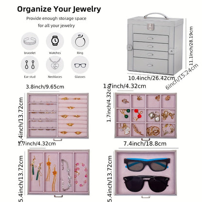 Large Jewelry Box 5-Tier PU Leather Organizer with Lock & Mirror – Storage Case for Bracelets, Earrings, Rings & Necklaces