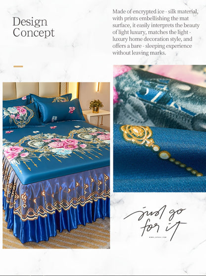 Ruffled Floral Bedspread Mat Set with Two Pillowcases, Twin to King Sizes and Four Pattern Choices