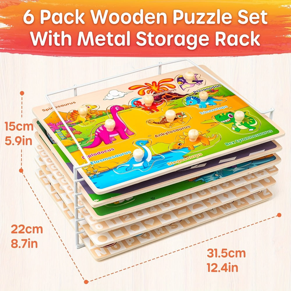 Six-Board Wooden Peg Puzzle Set with Metal Storage Rack and Scene or Animal Theme Checkout Options