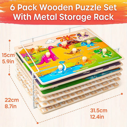 Six-Board Wooden Peg Puzzle Set with Metal Storage Rack and Scene or Animal Theme Checkout Options