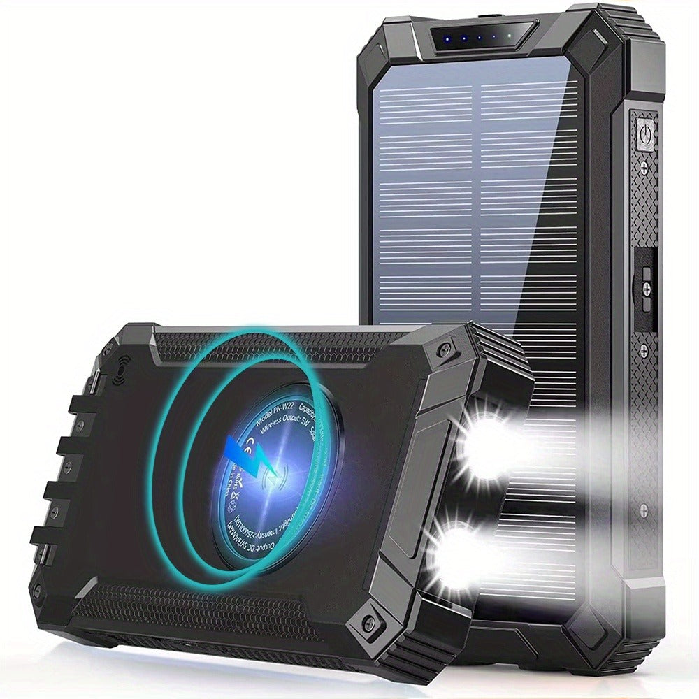42800mAh Solar Power Bank Wireless Charging with 4 Built-In Cables – 6 Output Ports 15W Fast Charge Dual LED Flashlight Portable Battery Pack for iPhone Samsung Android Camping Travel Emergency
