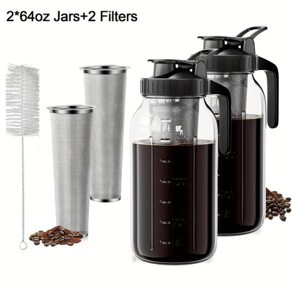 Cold Brew Coffee Pot Set with Stainless Steel Filters & Cleaning Brush - 32oz Glass Mason Jar Cold Brew Maker for Home, Kitchen & Restaurant, Multi-Serve Cold Brew Pitcher Set for Family & Entertaining