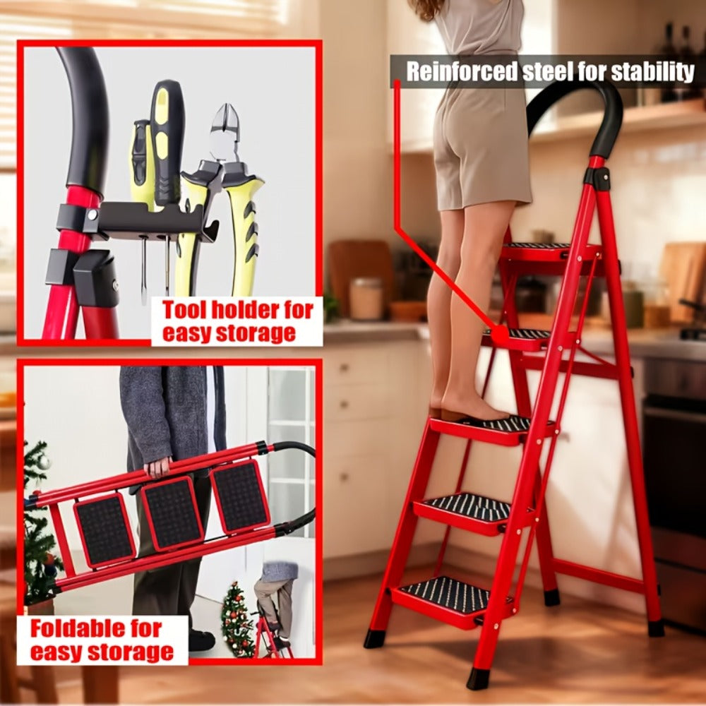 Folding Step Stool Ladder 500lbs Heavy Duty Steel with Anti-Slip Wide Treads & Handrails – Safety Lock, Portable Multi-Step Ladder for Home, Kitchen & Outdoor Use, Mini / Medium / Large