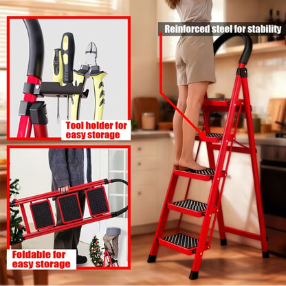Folding Step Stool Ladder 500lbs Heavy Duty Steel with Anti-Slip Wide Treads & Handrails – Safety Lock, Portable Multi-Step Ladder for Home, Kitchen & Outdoor Use, Mini / Medium / Large