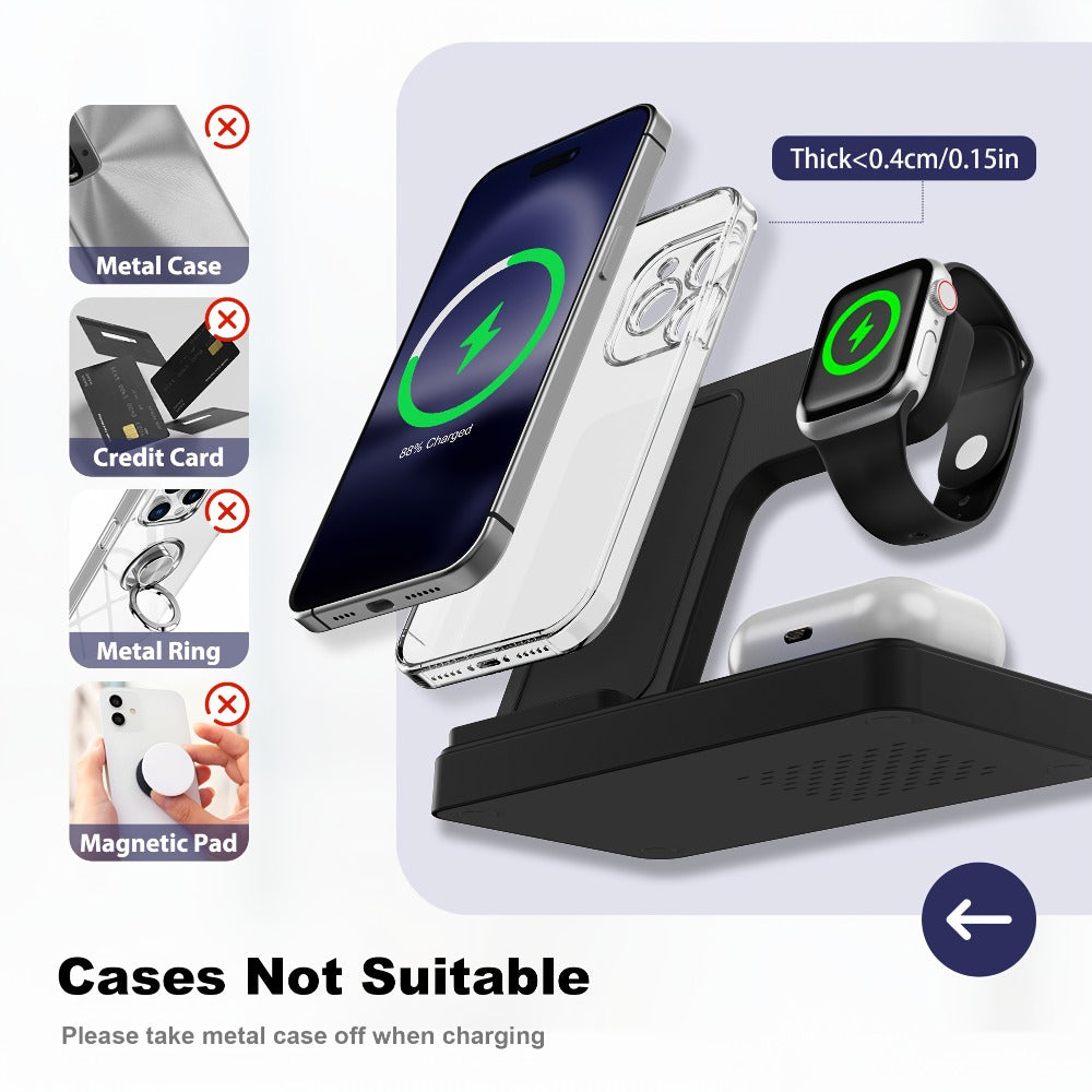 Foldable 3-in-1 Wireless Charging Station with LED Indicator & Anti-Slip Fast Charge for iPhone 17 16 15 14 13 12 11 Pro Max XR XS, Apple Watch Ultra Series 11 10 9 8 7 6 5 SE, AirPods 4 3 2 Pro & Samsung Galaxy – Black White, With/Without Adapter
