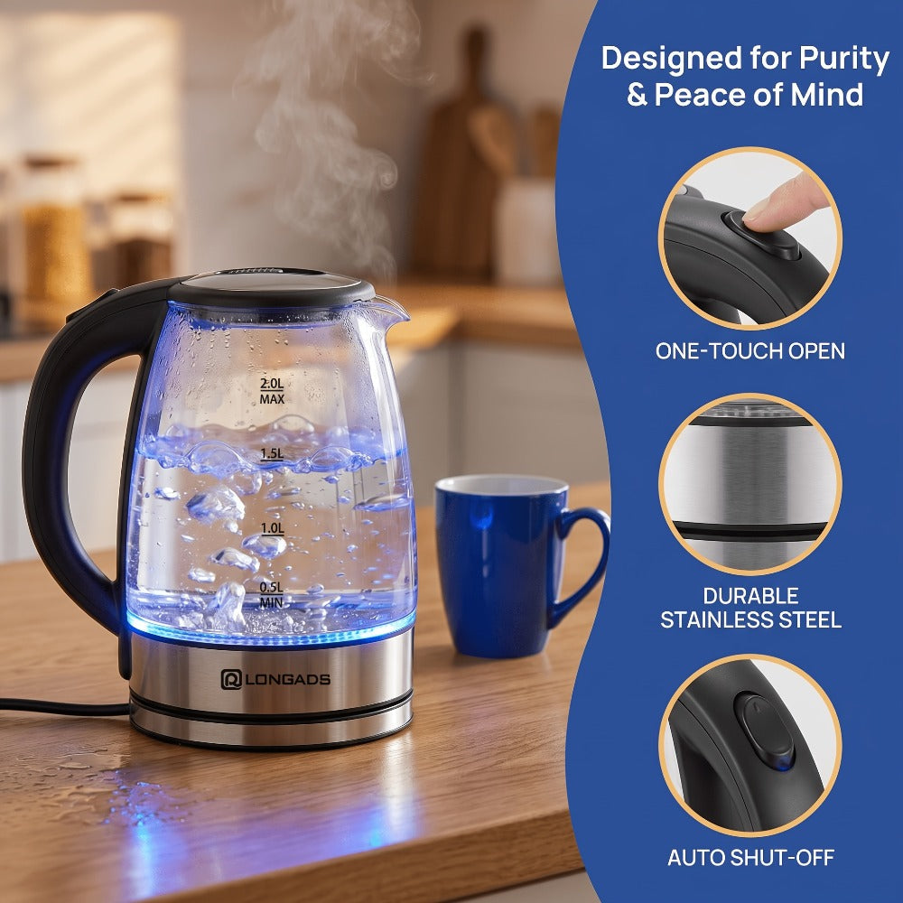 Glass Electric Kettle 2L Large Capacity – 1000W Fast Boil, Anti-Dry Burn Protection, See-Through Design for Coffee Milk Tea, Kitchen Dining Room Living Room Use, 67.63oz