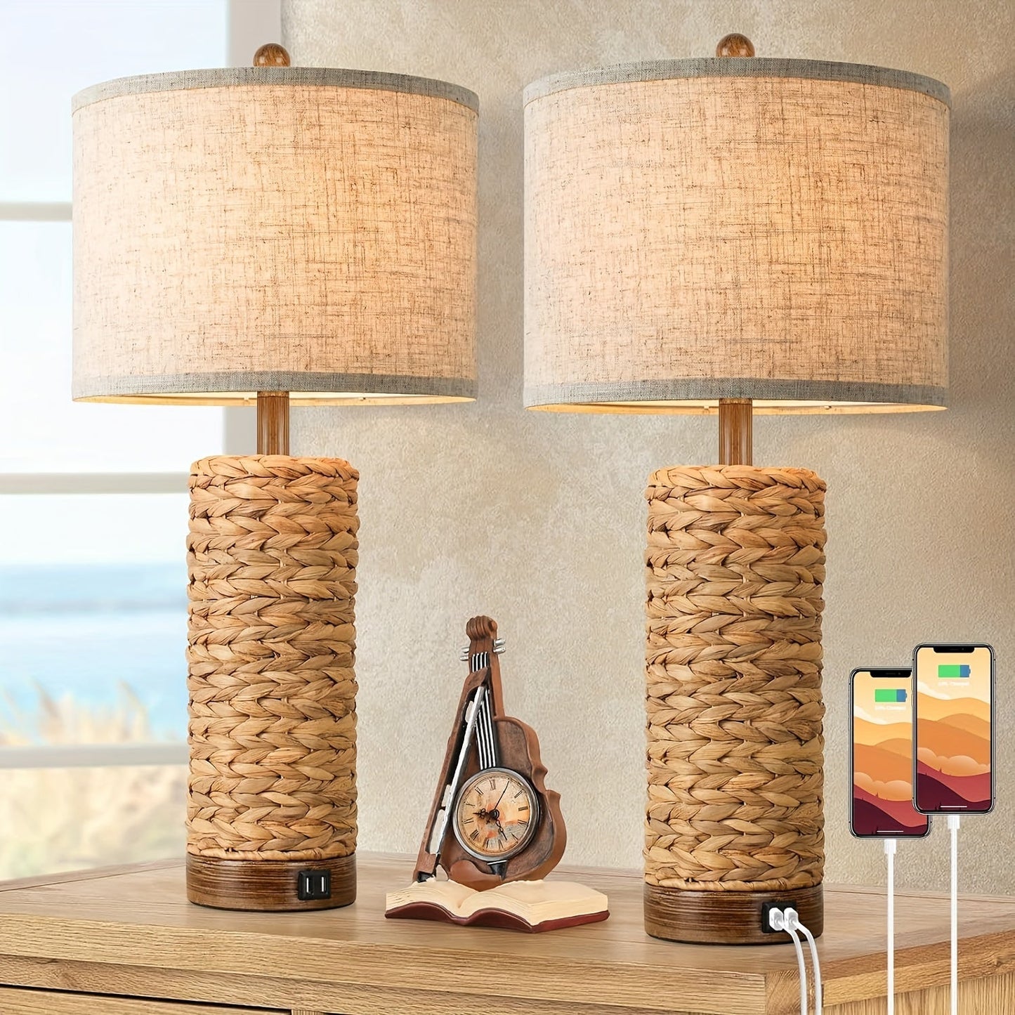 Table Lamp Set of Two with 27-Inch Woven Seagrass Bases, Linen Shades, Dual USB Ports and E26 Sockets