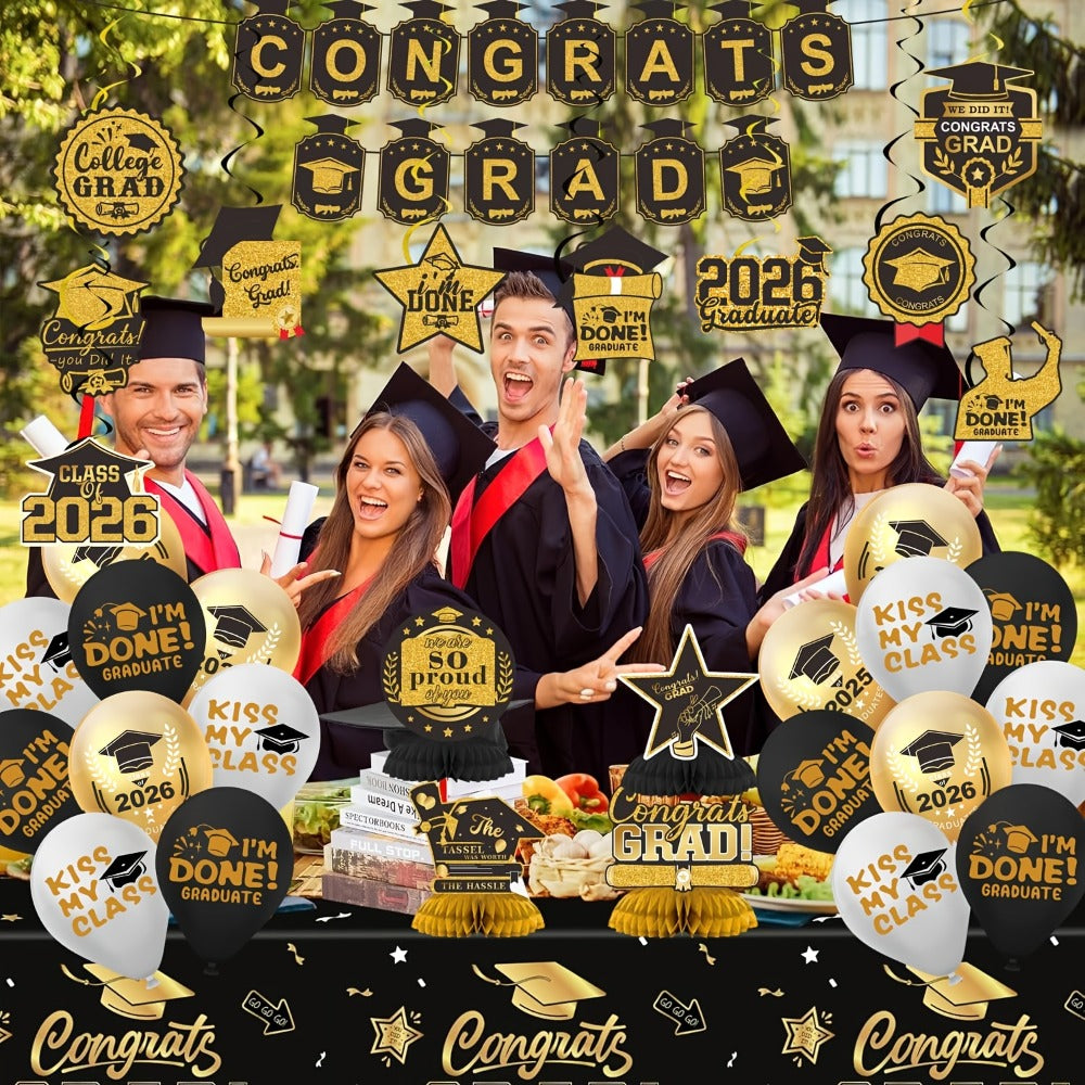 Party Decorations Class of 2026 Graduation Set with Backdrop, Banner, Swirls and Table Pieces in Five Colors