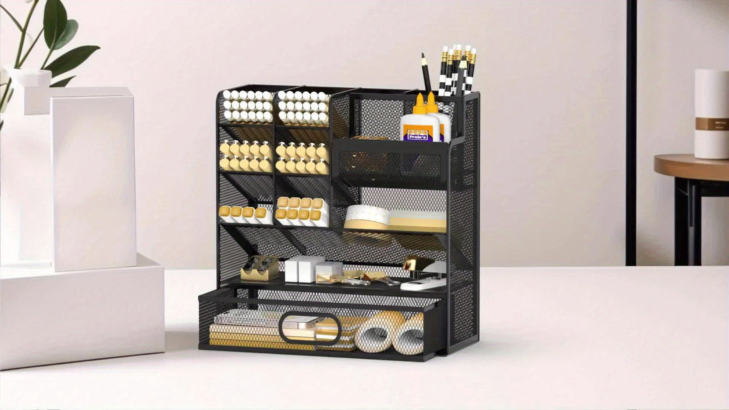 Mesh Desk Organizer with Pull-Out Drawer, Tiered Compartments and Six Color Checkout Options