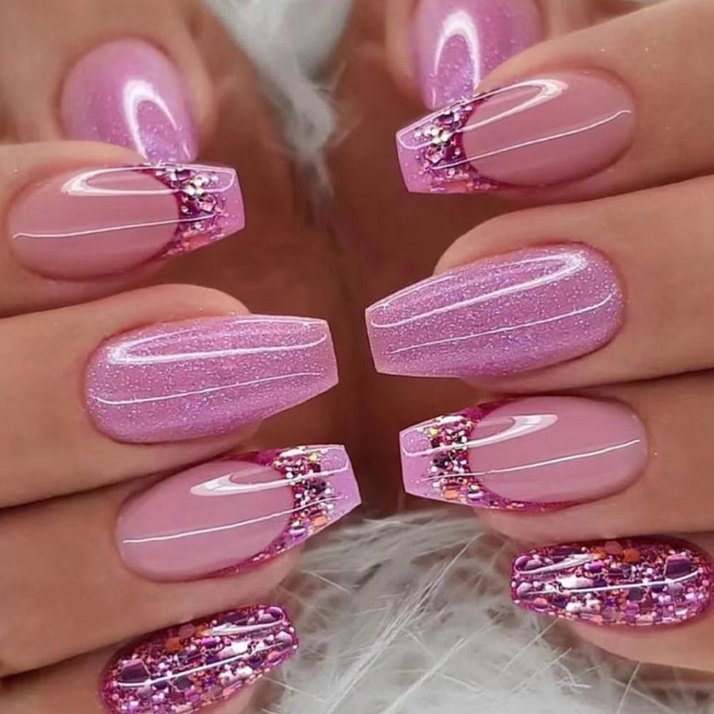 Glitter Sequin Press On Nails 120pcs Coffin Medium Length 5 Packs – Sparkling Pinkish Purple Glossy Full Cover False Nails | Glamorous Nail Art Kit for Women | Party Wedding Bridal Manicure Set