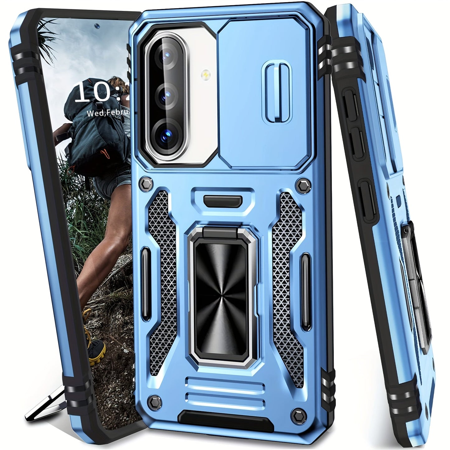 Samsung Galaxy Shockproof Magnetic Phone Case with 360° Rotating Ring Bracket & Sliding Lens Protector – Heavy Duty Cover for S24FE S23FE S22 S21FE Ultra A55 A54 A35 A34 A25 A24 A16 A15 A14 A06 A05 A05S 5G