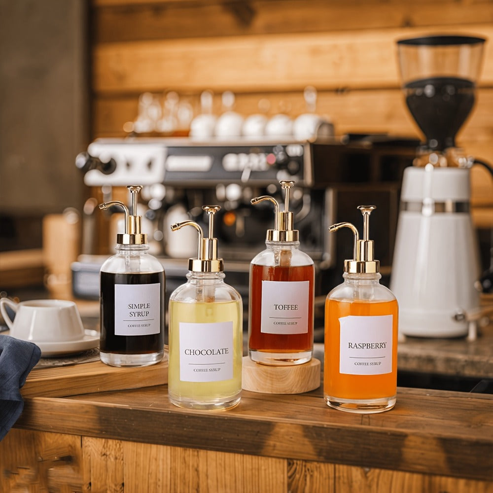 Glass Syrup Dispenser with Pump 4 Pack 16.9oz 500ml Coffee Bar Accessories Set with Silicone Funnel and