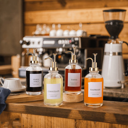 Glass Syrup Dispenser with Pump 4 Pack 16.9oz 500ml Coffee Bar Accessories Set with Silicone Funnel and