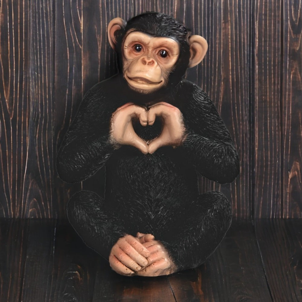 Chimpanzee Figurine with Seated Polyresin Form, Heart-Shaped Hand Gesture and 3.5 x 3.5 x 5-Inch Size