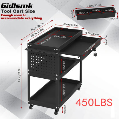 Rolling Tool Cart 3-Layer with Drawers & Screw Box Storage, Heavy-Duty Mechanic Trolley on Wheels for Garage Workshop Repair Shop, 400LBS / 450LBS / 550LBS Load Capacity, Industrial Tool Organizer