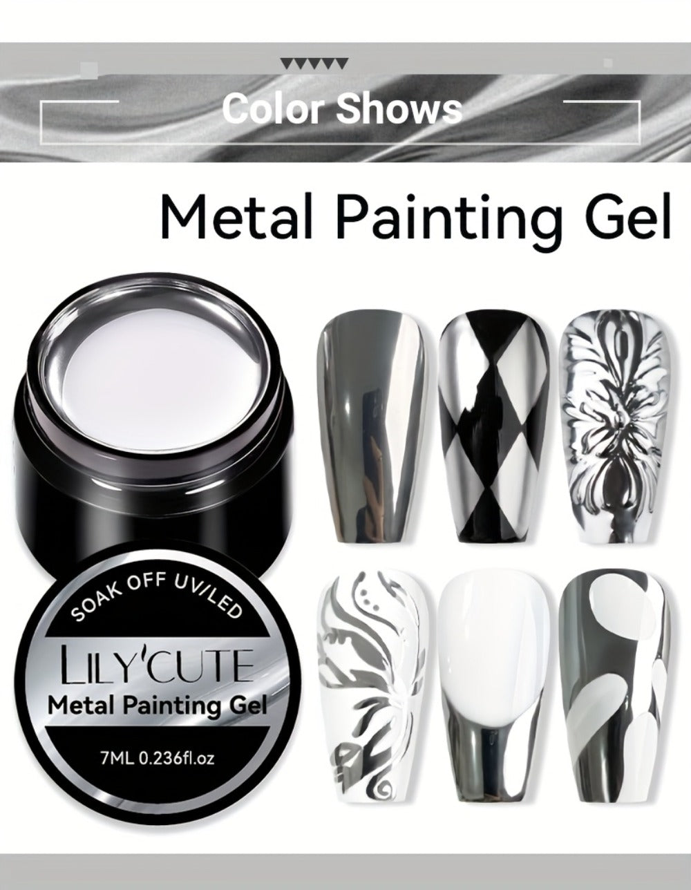 Metallic Silver Nail Art Painting Gel in 7ml LILYCUTE Jar with Fine Detail Brush for Lines and Floral Patterns