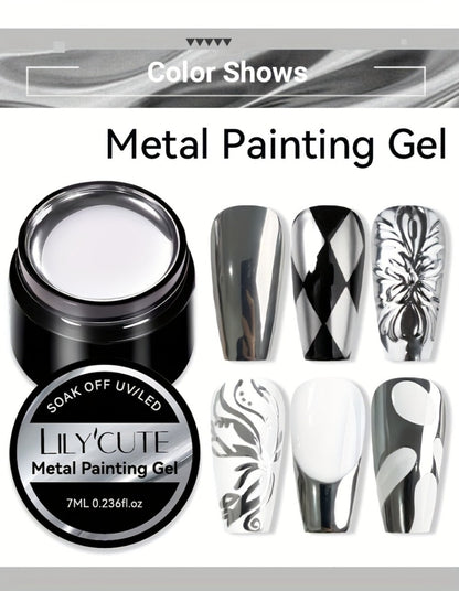 Metallic Silver Nail Art Painting Gel in 7ml LILYCUTE Jar with Fine Detail Brush for Lines and Floral Patterns