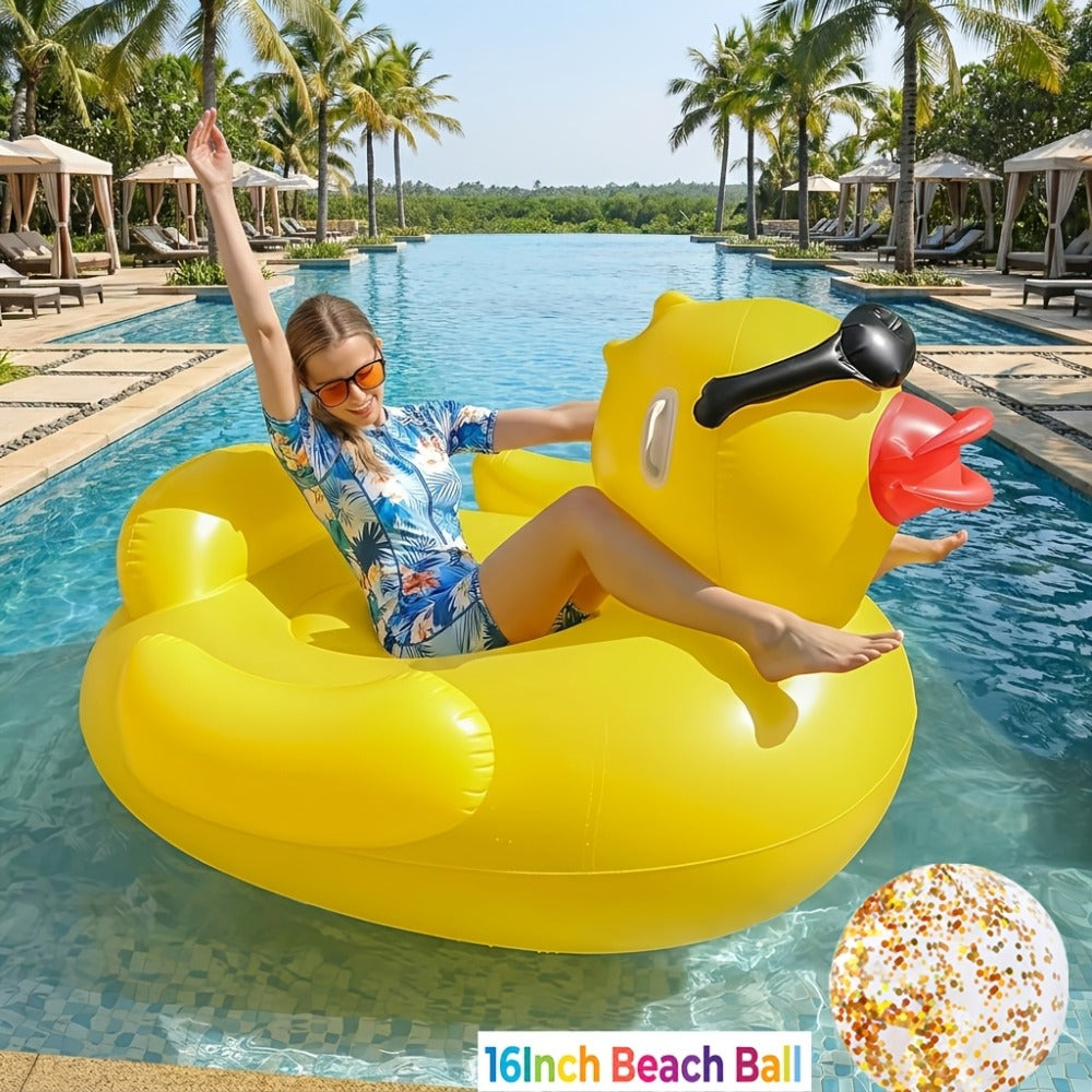 Ride-On Inflatable Pool Floats in Yellow Duck or 60-Inch Green Tank Styles with 16-Inch Beach Ball