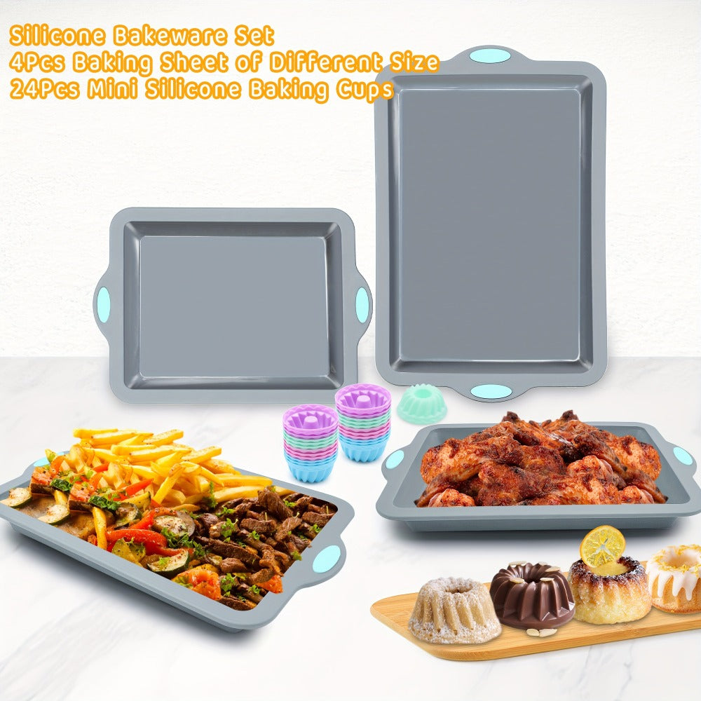Silicone Baking Pans Set 4-Piece – Nonstick Bakeware with Metal Reinforced Frame, Includes Baking Sheet, Cookie Sheet & Cake Pan with Grips, Oven Safe, Easy Release – Navy Blue & Light Gray