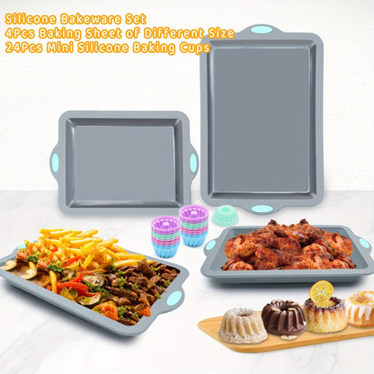 Silicone Baking Pans Set 4-Piece – Nonstick Bakeware with Metal Reinforced Frame, Includes Baking Sheet, Cookie Sheet & Cake Pan with Grips, Oven Safe, Easy Release – Navy Blue & Light Gray