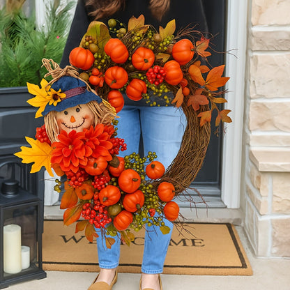 Autumn Front Door Wreath with Pumpkins, Maple Leaves, Red Flowers and Harvest Doll Accent for Seasonal Decor