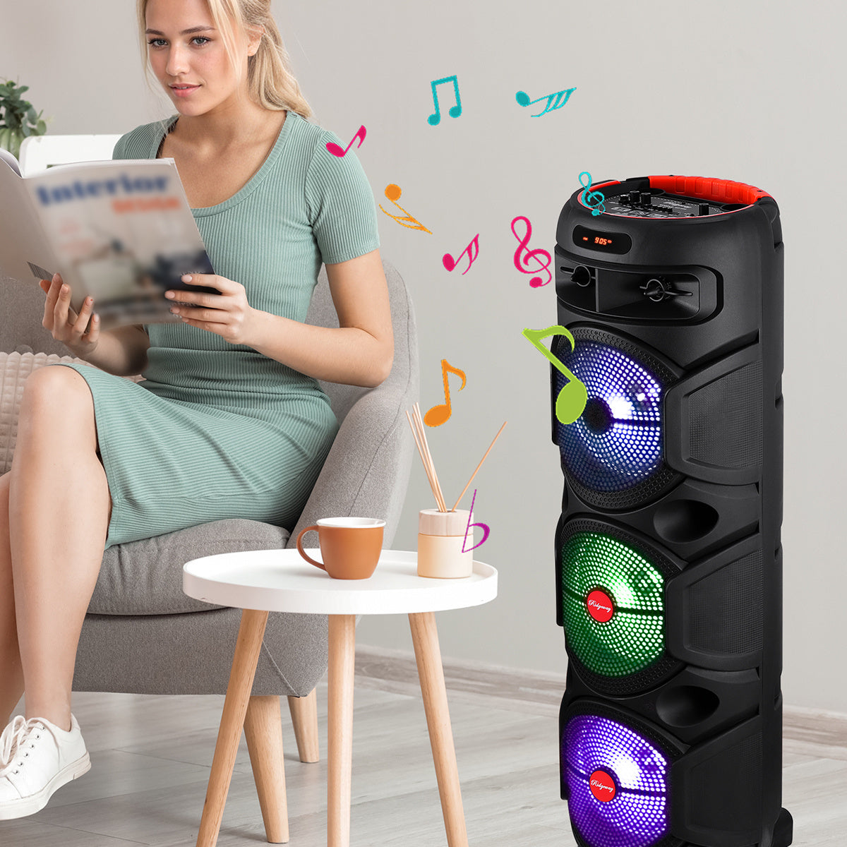 Triple 8-Inch Subwoofer PA Party Speaker with Wireless Stereo Pairing, LED Color Lights, FM Radio, USB & TF Playback, Wired Mic, Home Theater Sound System for Parties, Outdoors & Events