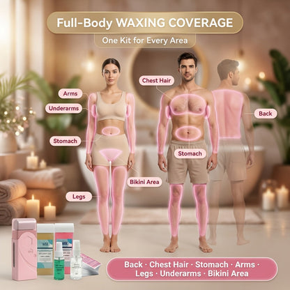 Roll On Wax Kit 105 Piece Complete Home Waxing Set - 2 Roll On Wax Rollers, Wax Warmer, 100 Waxing Strips, Lavender Oil & Pre-Post Spray - Pro Hair Removal for Face Brazilian Bikini Full Body Sensitive Skin