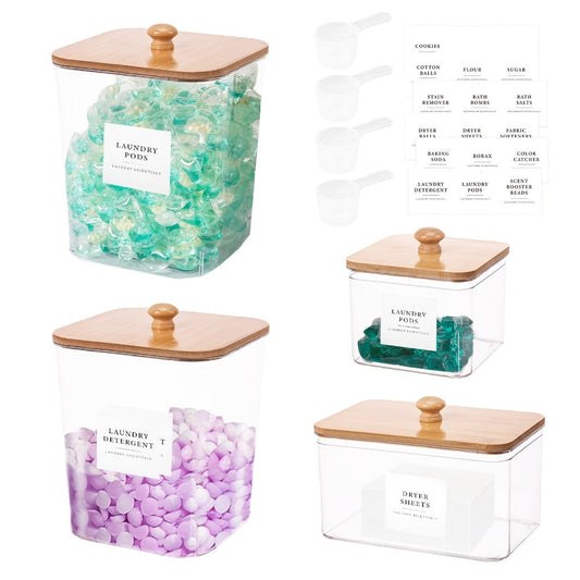 Laundry Pod Containers Set of 4 with Lids Scoops and Labels – Laundry Room Organization Storage Canisters for Pods Detergent Dryer Balls Scent Beads Mixed Color