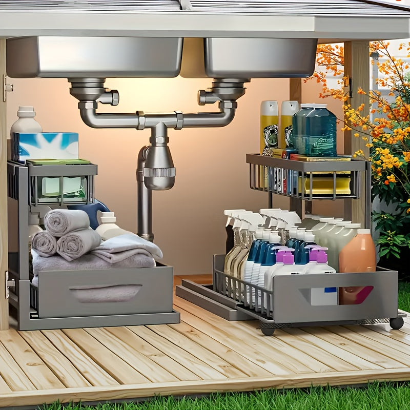 Two-Tier Pull-Out Cabinet Organizer with Upper and Lower Sliding Trays in Grey, Black or White Package Options