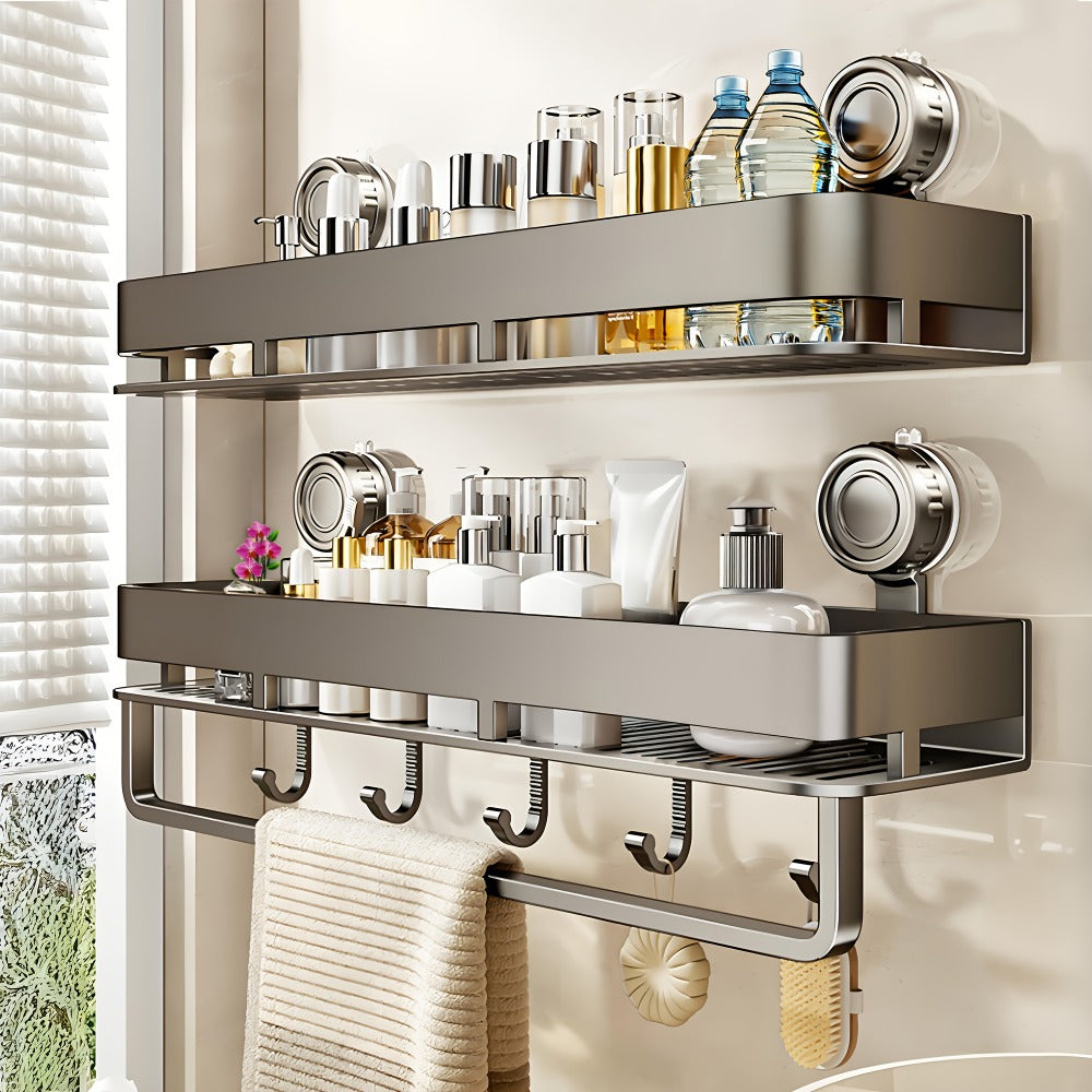 Wall Shower Caddy with Towel Bar, Hooks and Eight Exact Pole or Shelf-Length Checkout Options