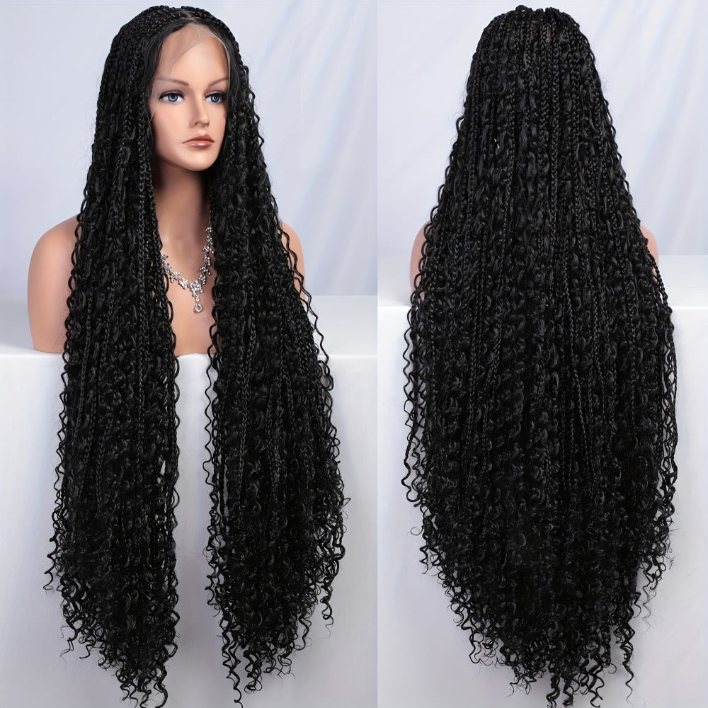Thirty-Six-Inch Bohemian Square-Braid Wig with Curly Ends and Four Black, Blonde or Burgundy Options