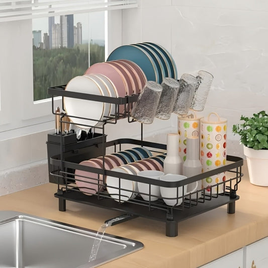 Dish Drying Rack Kitchen Organizer with Two Tiers, Drain Board, Utensil Cup and Three Color Options