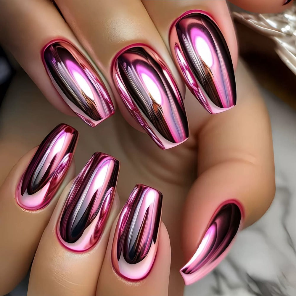 Press On Nails 216-Piece Almond Pointed Nine-Pack Set with Purple Pink Silver Gold Styles and Glue