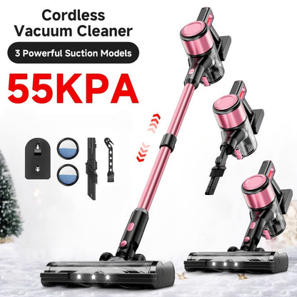 Cordless Vacuum Cleaner 55KPa 8-in-1 Stick Vacuum with LED Light 180° Swivel Lightweight Wireless for Hardwood Carpet Pet Hair Stairs Car Sofa Home Office