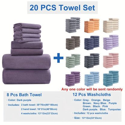 Twenty-Piece Bath Towel Set with Eight Large Towels and Twelve Washcloths in Ten Exact Color Options