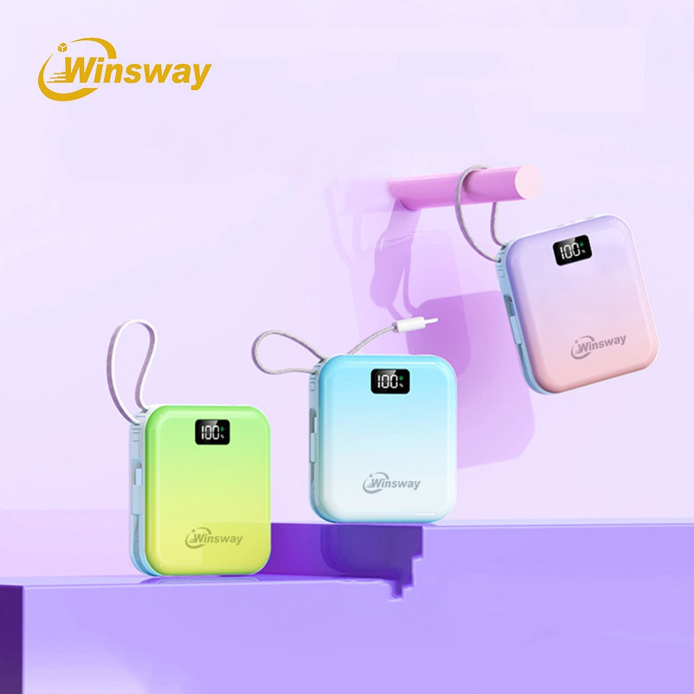 10000mAh Winsway Power Bank with 22.5W Label, Built-In USB-A and USB-C Cables and Gradient Colors