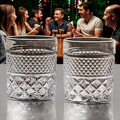 Single Embossed Whiskey Tumbler with Square Rim, Diamond-Cut Pattern and Thick Clear Base for Home Bar Service