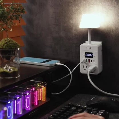Power Strip Desktop Station with LED Clock, Desk Lamp, 4 AC Outlets, 3 USB-A, 2 USB-C and Master Switch