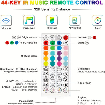 Color Changing LED Strip Lights with 44-Key Remote - RGB Dimmable DIY Light Strip 50FT 100FT 130FT 260FT for Bedroom Living Room Game Room Holiday Party Home Decoration