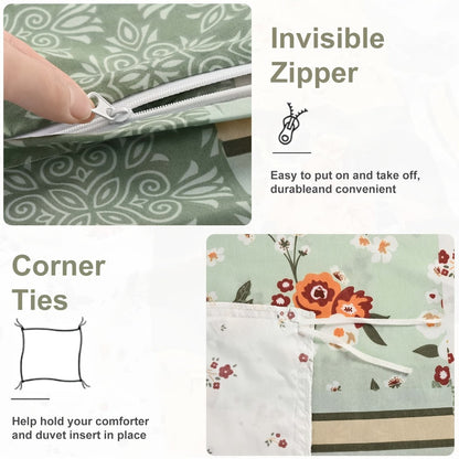 3-Piece Duvet Cover Set with Floral Patchwork Print in Blue, Green or Pink and Four Size Options