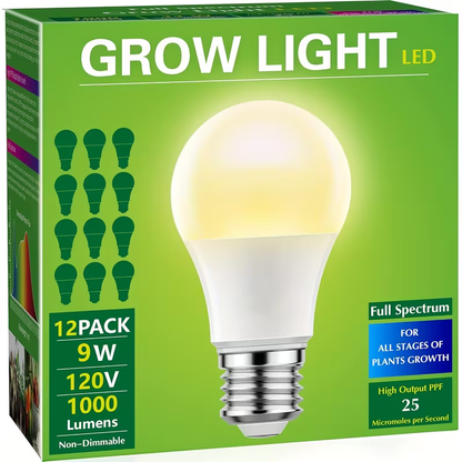 Grow Light Bulb A19 E26 Full Spectrum 9W 100W Equivalent | Natural White 4000K LED Plant Bulb for Indoor Plants Seed Starting | 2 4 6 12 Pack Options