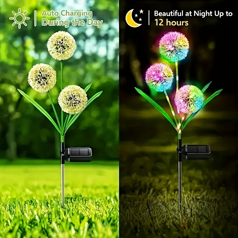 Three-Stem Solar Globe Garden Lights with Dandelion-Style Heads in Warm or Multicolor Options
