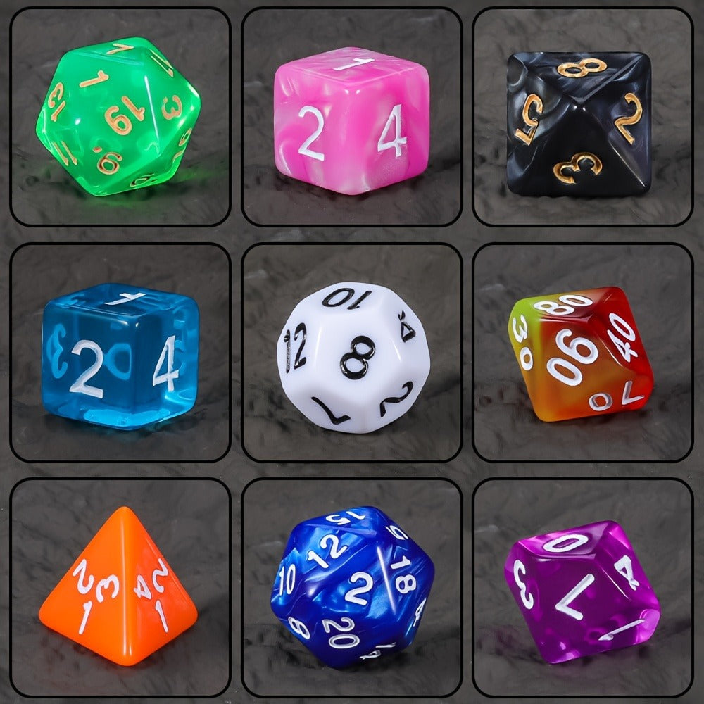 Fifteen-Set Polyhedral Dice Collection with 105 Pieces, Seven Die Shapes and Black Drawstring Storage Bag